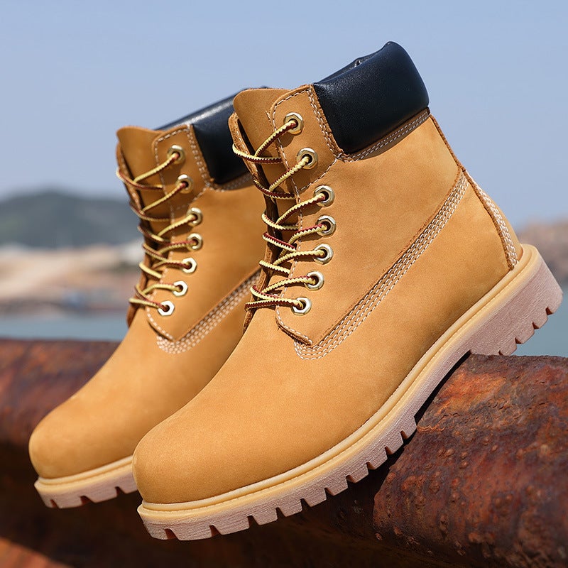 High-Top Workwear Rhubarb Boots Waterproof Internet Popular Men'S And Women'S Same Martin Boots Fashionable First Layer Cowhide Lovers Shoes - Image 1